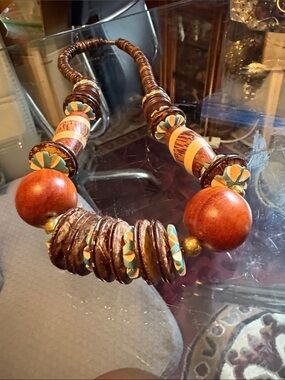 Wooden Bead Statement Necklace with Turquoise Color Accents 24.5 inches